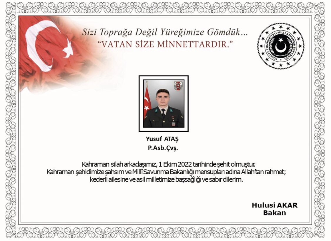 MusaHaciahmtogl's tweet photo. Pençe-Kilit Operasyon bölgesinde şehit olan kahraman askerimiz P.Asb. Çvş. Yusuf Aktaş’a Allah’tan rahmet, ailesine baş sağlığı diliyorum. Şehidim hakkını helal et bizlere… Türk milletinin başı sağolsun 🇹🇷 https://t.co/pDIRtzdpjP