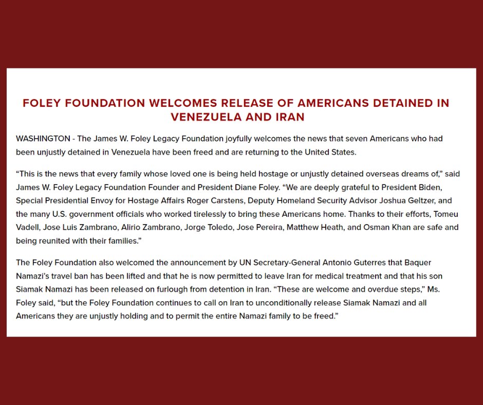 FOLEY FOUNDATION WELCOMES RELEASE OF AMERICANS DETAINED IN VENEZUELA AND IRAN #MatthewHeath #FreeOsmanKhan @StateSPEHA @WhiteHouse @Citgo6C @BOFHcampaign @POTUS @WHNSC @jgeltzer @FreeTheNamazis