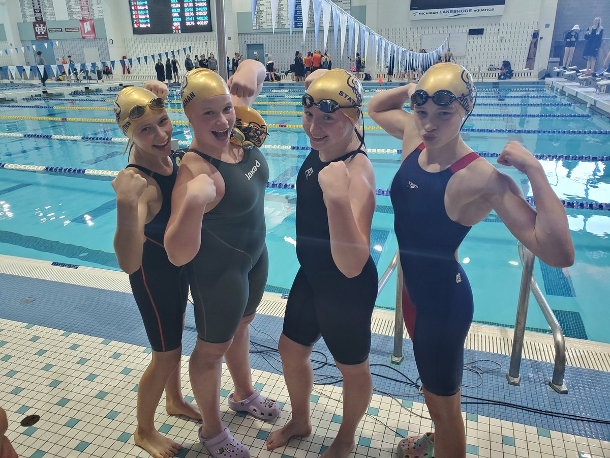 ChelseaSwimDive's tweet photo. Finish off the meet with Hayley, Keygan, Riley and Paiton going 3:55.57 and earning the MHSAA D3 state cut in the 400 free relay! https://t.co/B96WctOpOn