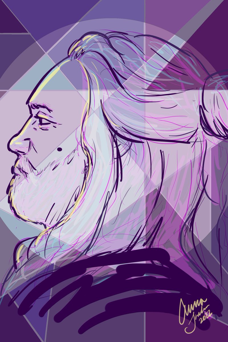 digital lineart drawing of Ed with a fractured background in purple hues/tones