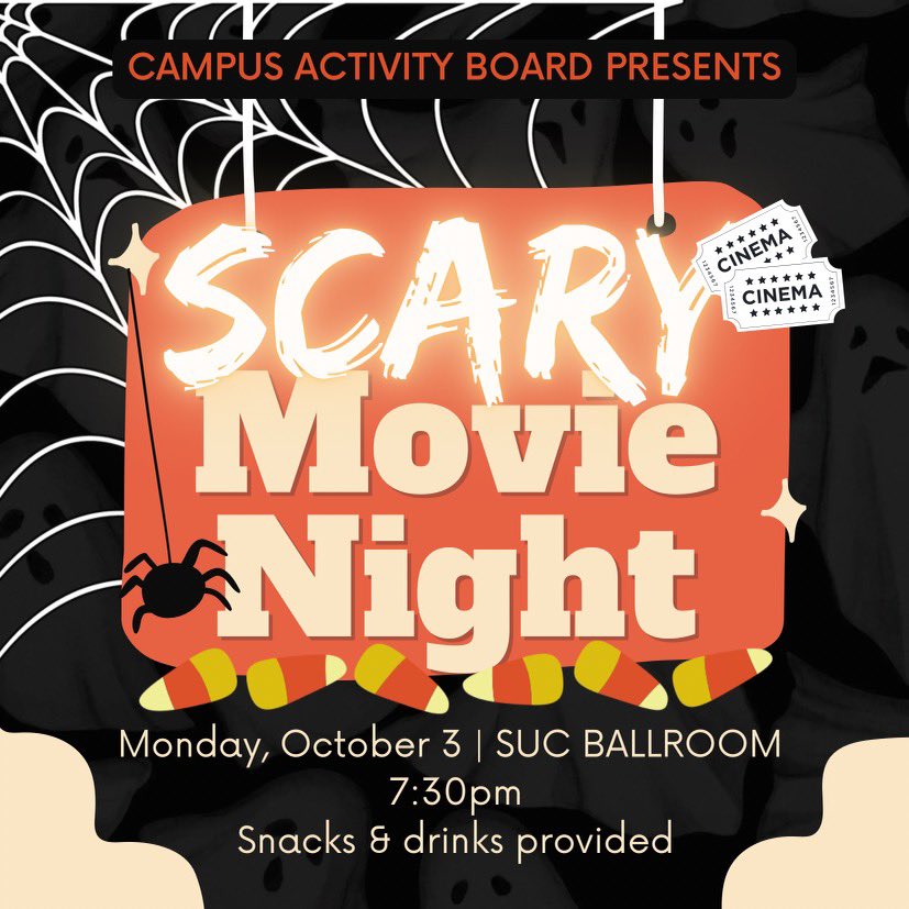 TheBlueCAB_'s tweet photo. Homecoming didn’t stop us! Join CAB every first Monday for movie night! This Monday Night join us for thrills and scary movies 🎃 Halloween is around the corner so we bringing the vibes!🍂 Make sure you guys come out, it will be a night to remember ! https://t.co/qVlyp2D53T