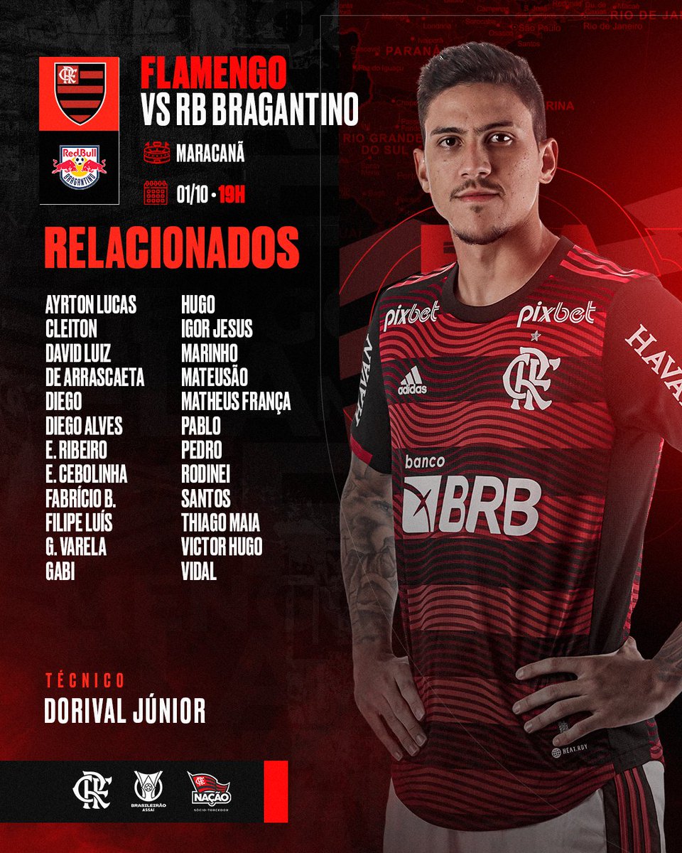 Flamengo's tweet photo. Confira os relacionados do Mengão para enfrentar o RB Bragantino, pelo @Brasileirao! #VamosFlamengo #FLAxBGT https://t.co/p2DA4ShDrQ