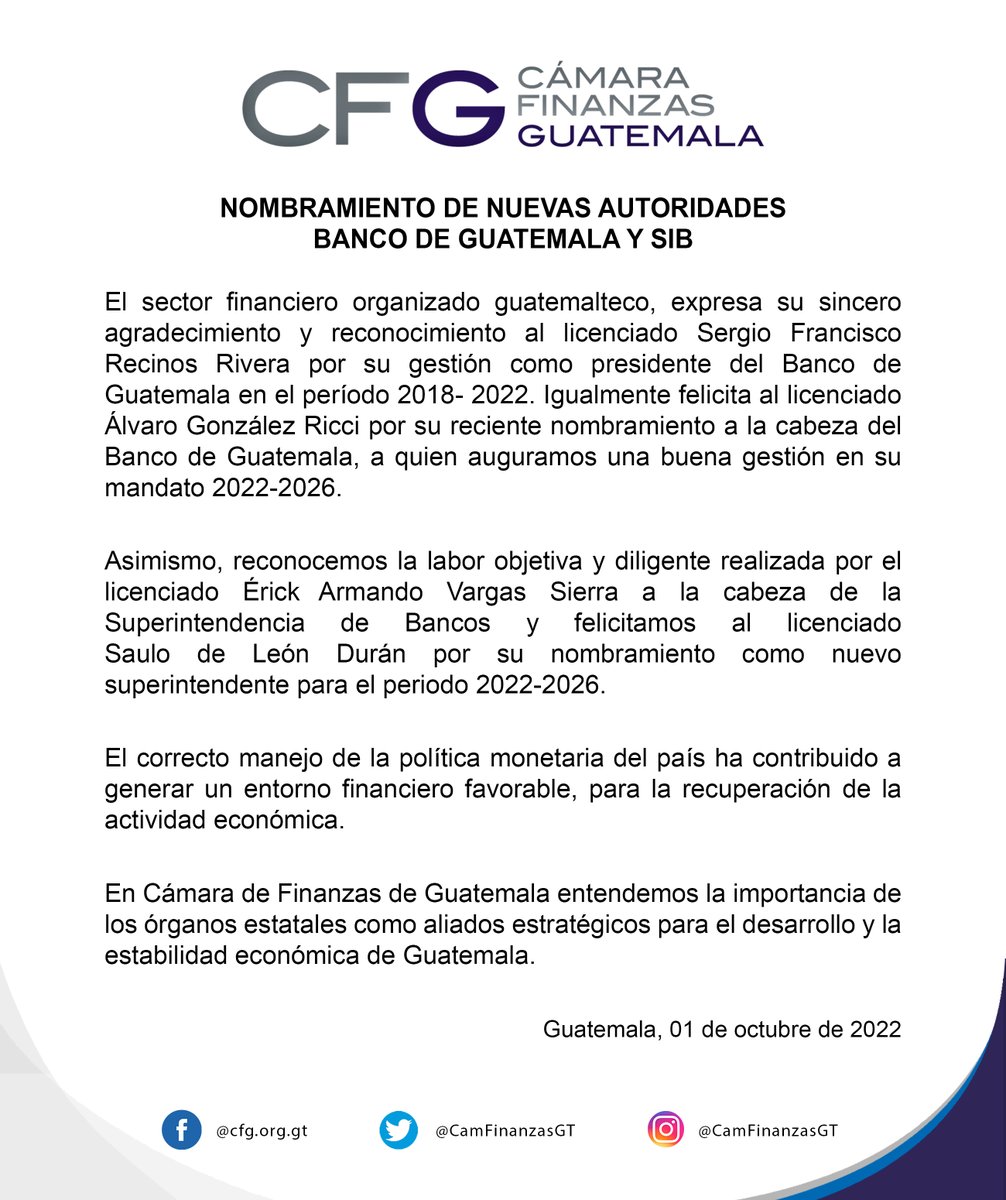 CamFinanzasGT's tweet photo. En relación al reciente nombramiento de autoridades en el @Banguat  y en la @sib_guatemala , la Cámara de Finanzas de Guatemala manifiesta: https://t.co/aqNJwQaivT