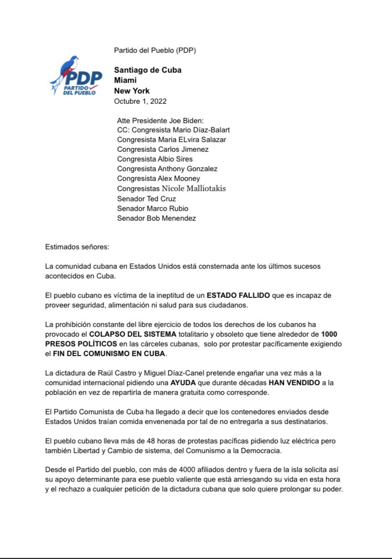 PDPCuba's tweet photo. 🆘🇨🇺El Partido del Pueblo envía carta a Washington para que no ayude a la dictadura sino al PUEBLO A LOGRAR SU LIBERTAD! #CambiodeSistema #CubaEstadoFallido #PDP #SOSCuba 
@MarcoRubioCuba @MaElviraSalazar @MarioDB @BobMenendezNJ @AlbioSiresNJ @tedcruz @RepCarlos @RonDeSantisFL https://t.co/LtCxjy1HAq