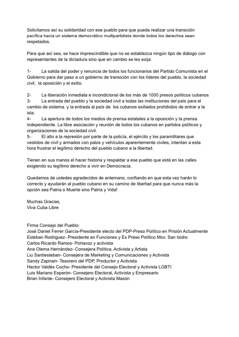 PDPCuba's tweet photo. 🆘🇨🇺El Partido del Pueblo envía carta a Washington para que no ayude a la dictadura sino al PUEBLO A LOGRAR SU LIBERTAD! #CambiodeSistema #CubaEstadoFallido #PDP #SOSCuba 
@MarcoRubioCuba @MaElviraSalazar @MarioDB @BobMenendezNJ @AlbioSiresNJ @tedcruz @RepCarlos @RonDeSantisFL https://t.co/LtCxjy1HAq