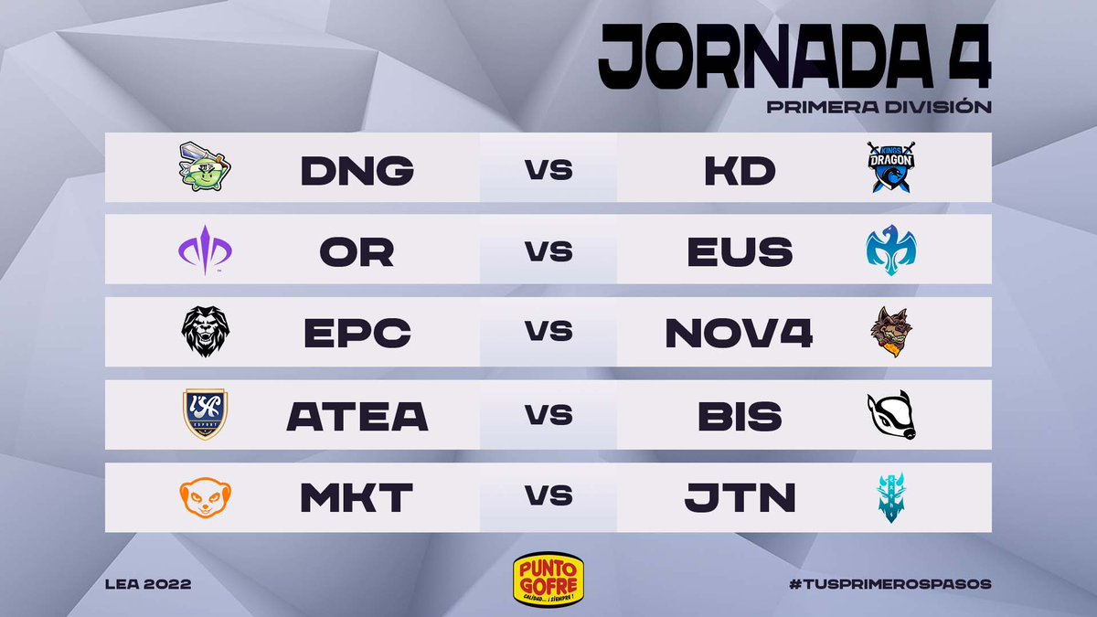 Estos son los enfrentamientos de esta semana en 1ª División

<a href="/Dango_eSports/">Dango Esports</a> 🆚 <a href="/KingsdragonEs/">Kings Dragon Esports (CERRADO)</a> 
@OrionGG_ES 🆚 <a href="/EuropeSaviorsCB/">Europe Saviors Club ✨️</a> 
<a href="/EspectroEC/">Espectro Esports™</a> 🆚 <a href="/NOV4G4MING/">NOV4 QUABU</a> 
<a href="/EsportAtleta/">Atleta Esport</a> Ac. 🆚 <a href="/BisEsports/">Bis Esports</a> 
<a href="/MightyMeerkats/">Mighty Meerkats</a> 🆚 <a href="/JOTUNNesports/">JOTUNN</a> 

Hilo de predicciones👇👇👇