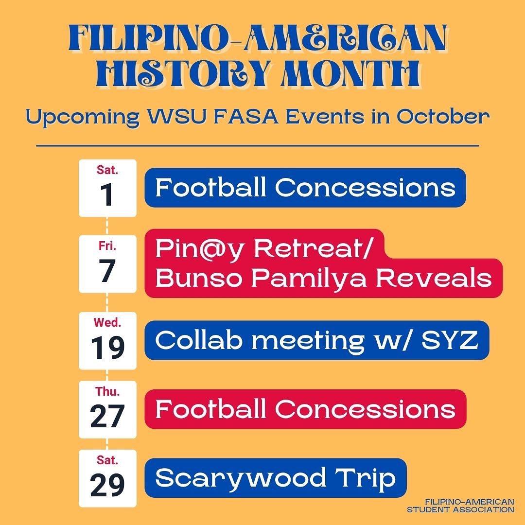 WSUFASA's tweet photo. These are the events we are having this month! If you haven’t already, feel free to sign up for any of them before the deadline(s)! Everyone is welcomed in participating! ❤️💛💙 https://t.co/s9a5q920Ga