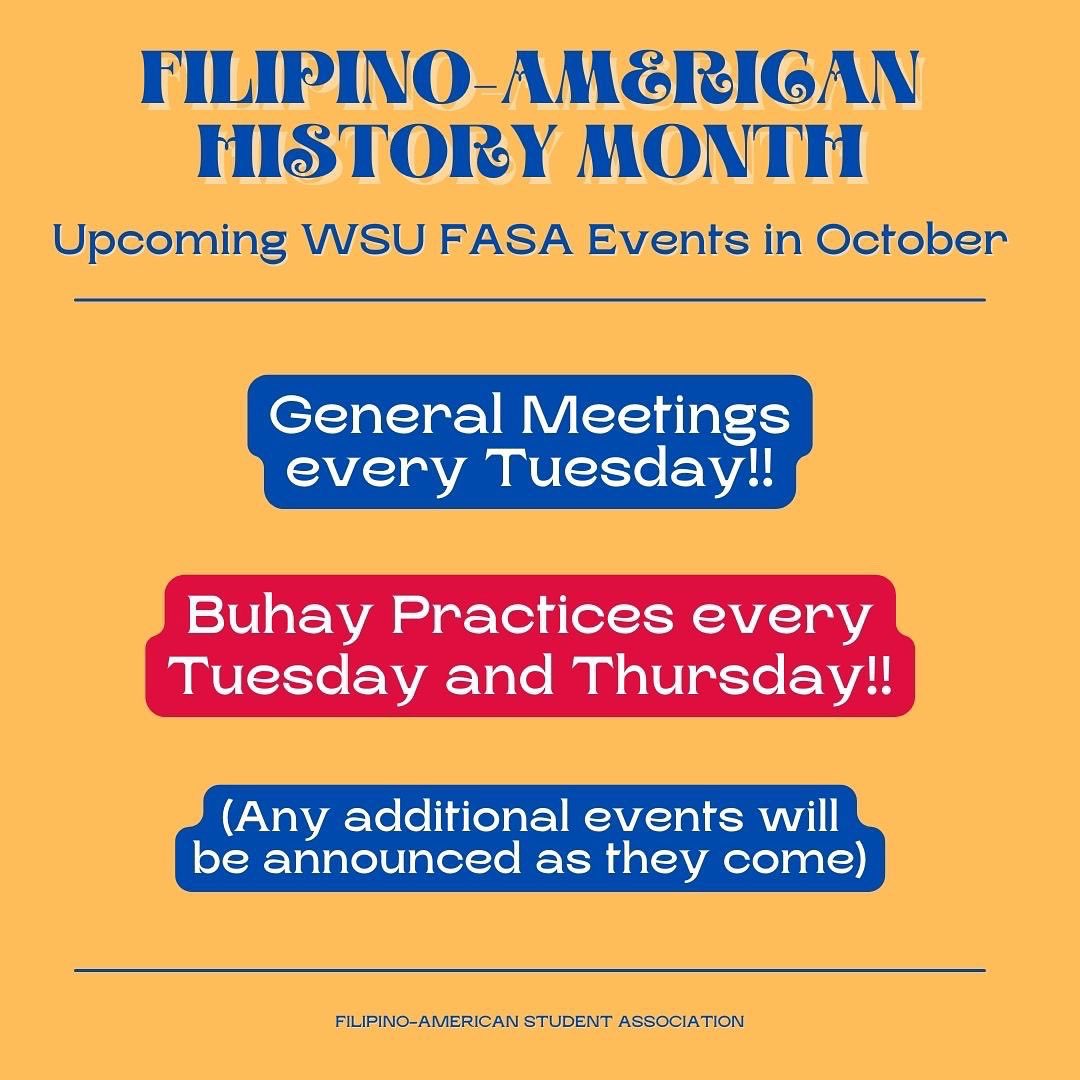 WSUFASA's tweet photo. These are the events we are having this month! If you haven’t already, feel free to sign up for any of them before the deadline(s)! Everyone is welcomed in participating! ❤️💛💙 https://t.co/s9a5q920Ga