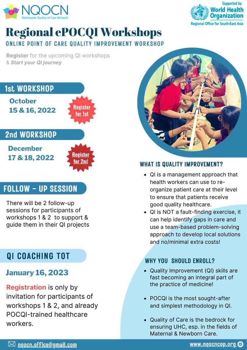 datta_vikram's tweet photo. Announcing the much awaited online Regional e POCQI Workshops and Coaching TOT for SE Asia region of @WHOSEARO  _*Start your QI journey 
ePOCQI Workshop 1 - October 15 &amp; 16 https://t.co/RiwR0PntbW* 
ePOCQI Workshop 2 - December 17 &amp; 18, https://t.co/eQZp8a1Q8a
@MoHFW_INDIA https://t.co/ismvbAQYF8