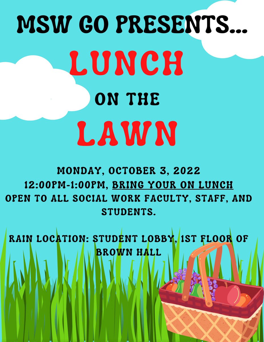 NSUSocialWrk's tweet photo. Please join MSW Go for Lunch on the Lawn this coming Monday from 12:00-1:00. We look forward to connecting with students and faculty members. Hope to see you there!! https://t.co/CFvIRmP3qX