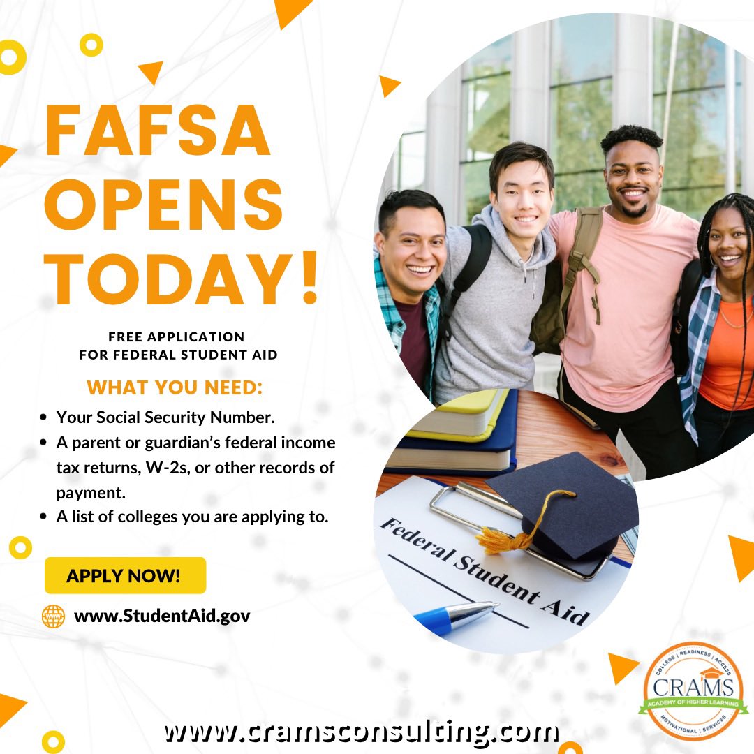 CRAMSconsulting's tweet photo. The Free Application for Federal Student Aid opens today! If you are applying for college, don’t forget to submit your FAFSA as soon as possible! If you are currently in college, don’t forget to renew your FAFSA. Visit https://t.co/132yhe9oRr for more info.
#FAFSA #college https://t.co/kV2V0r4VXz