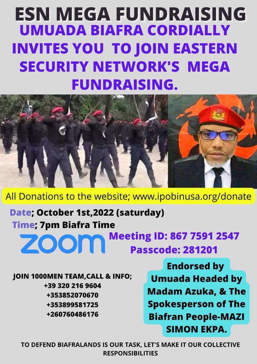 BRGIEinfoMinist's tweet photo. JOIN LIVE ESN MEGA FUNDRAISING.
Umuada invites you to a live fundraising for #EasternSecurityNetwork #ESN
Dates; OCTOBER 1st , 2022
Time: 7 PM Biafraland Time (1 PM US Central Time, 2 PM Eastern Time)
Link
https://t.co/F2rRmuOADq
Meeting ID: 867 7591 2547
Passcode: 281201 https://t.co/jUp7tZ2Vur