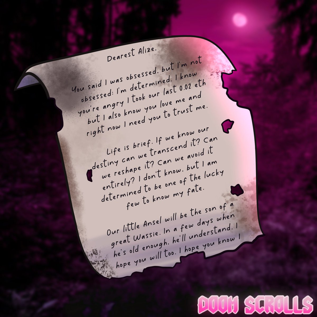 SkellysFortune's tweet photo. >your feet hurt and your eyes want to close but you can't stop here. A piece of a letter rolls in the wind along the trail ahead of you. You pick it up https://t.co/tMAbaWadfX