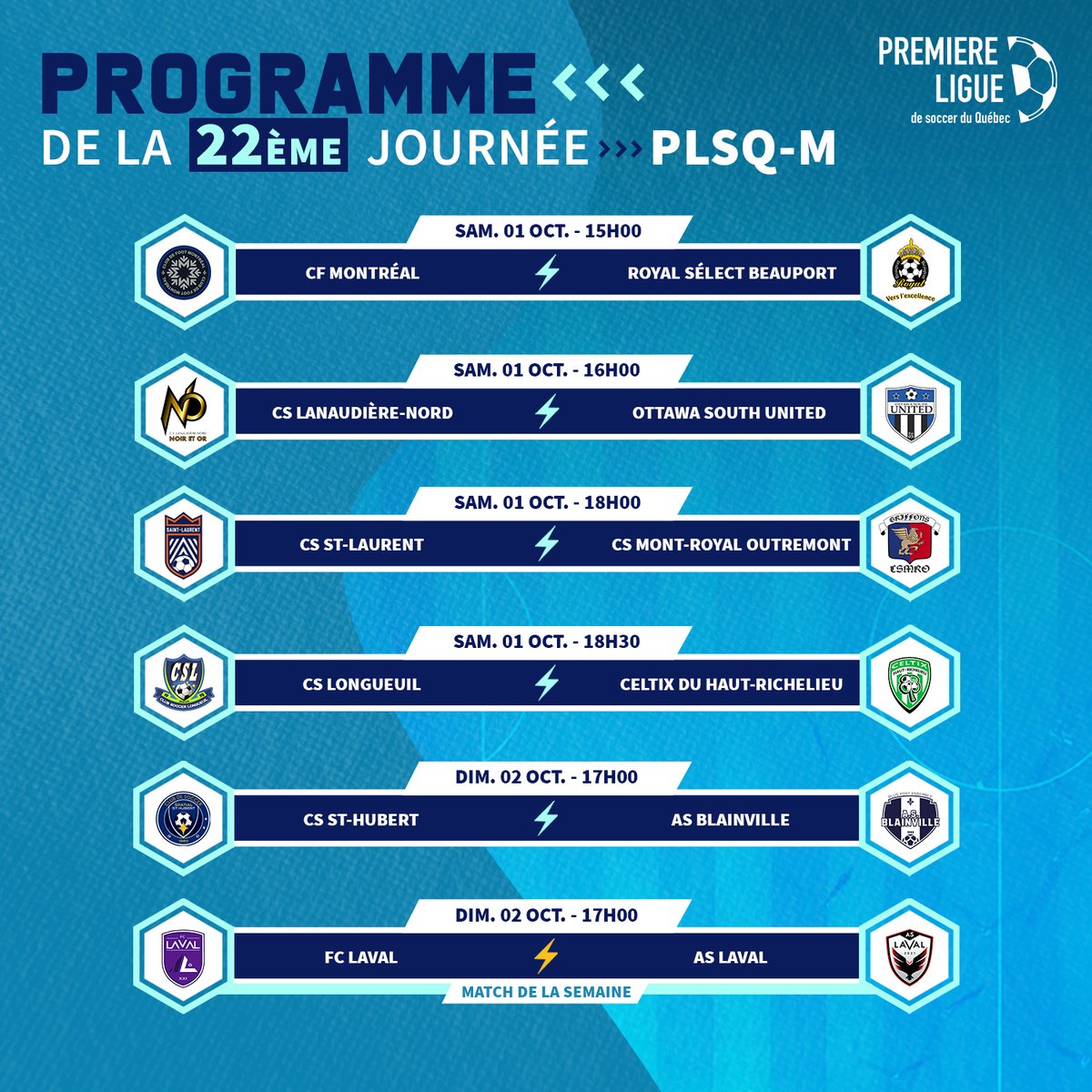 LS_PRO_QC's tweet photo. [#PLSQM - J22]

La dernière journée de PLSQ-M se disputera entre aujourd'hui et demain! La course au titre est toujours au rendez-vous. 🔥🏆

👉 Deux clubs peuvent toujours prétendre au titre ; FC Laval et CS St-Laurent. Pour cela, la victoire est obligatoire! 

@League1Canada https://t.co/Lm0KmuXrHr