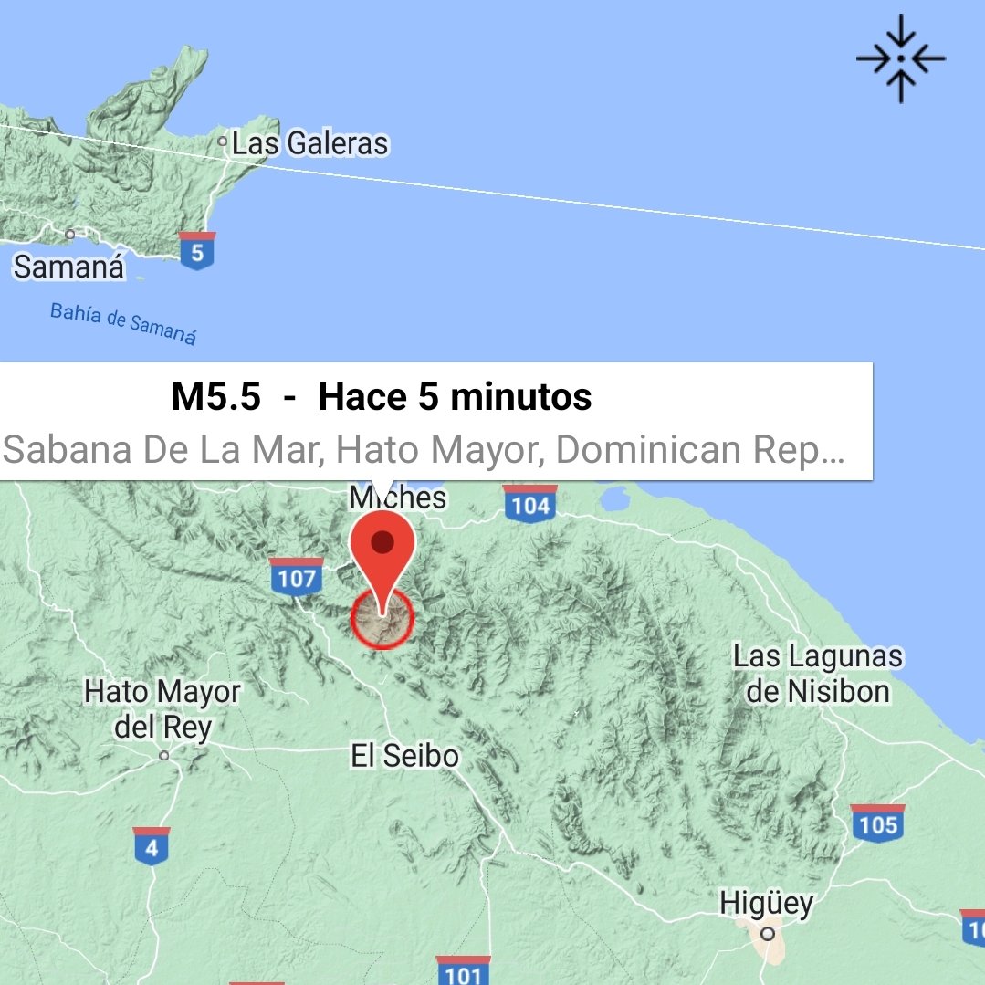 Osirisdleon's tweet photo. Temblor de tierra de magnitud preliminar 5.5, con epicentro al sur de Miches y al norte de El Seibo.
No es una falla peligrosa, aunque con esa magnitud se producen agrietamientos en estructuras construidas sobre suelos flexibles. https://t.co/PFW84n5eqc
