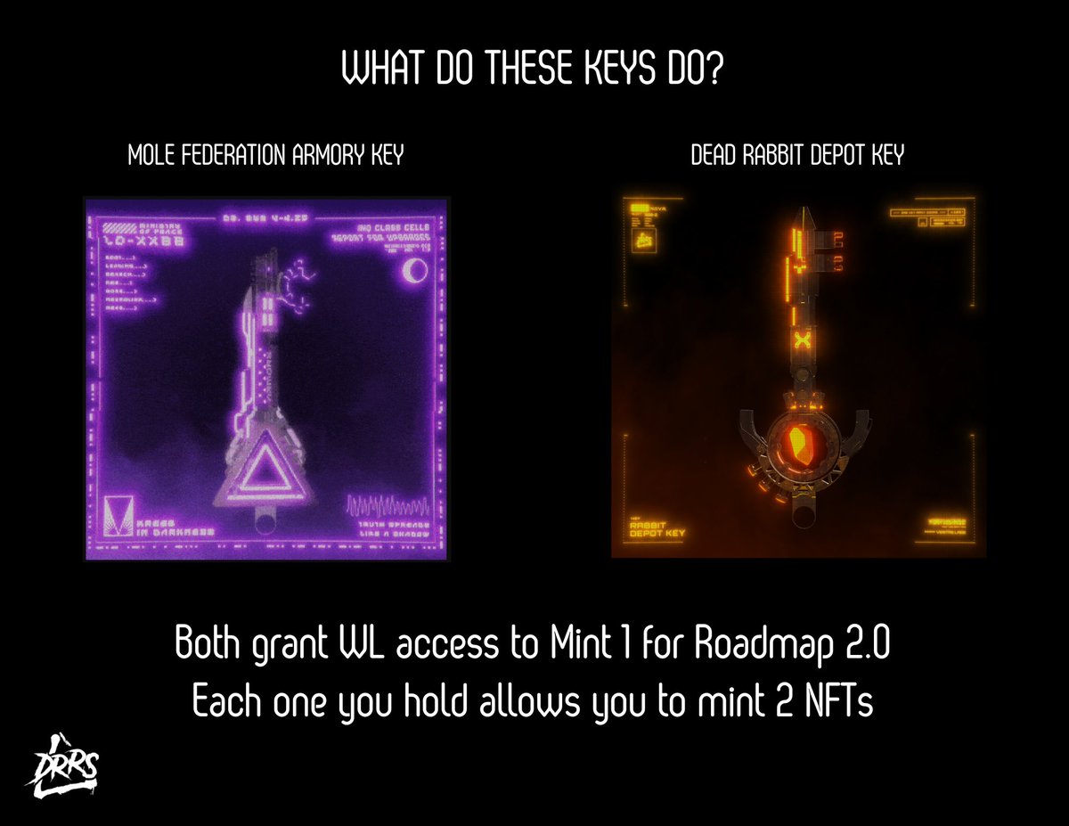 DeadRabbitRS's tweet photo. MOLE FEDERATION ARMORY KEY
DEAD RABBIT DEPOT KEY
MOLE HQ CODE CARD
KISMET SECSCREEN KEY

These Keys unlock WL access to Roadmap 2.0 mints.

240 Dead Rabbit Depot Keys will be given out at CNFT Con.  👀

Drop by the DRRS booth to meet the team and get yours! https://t.co/DEyDTaKhJa