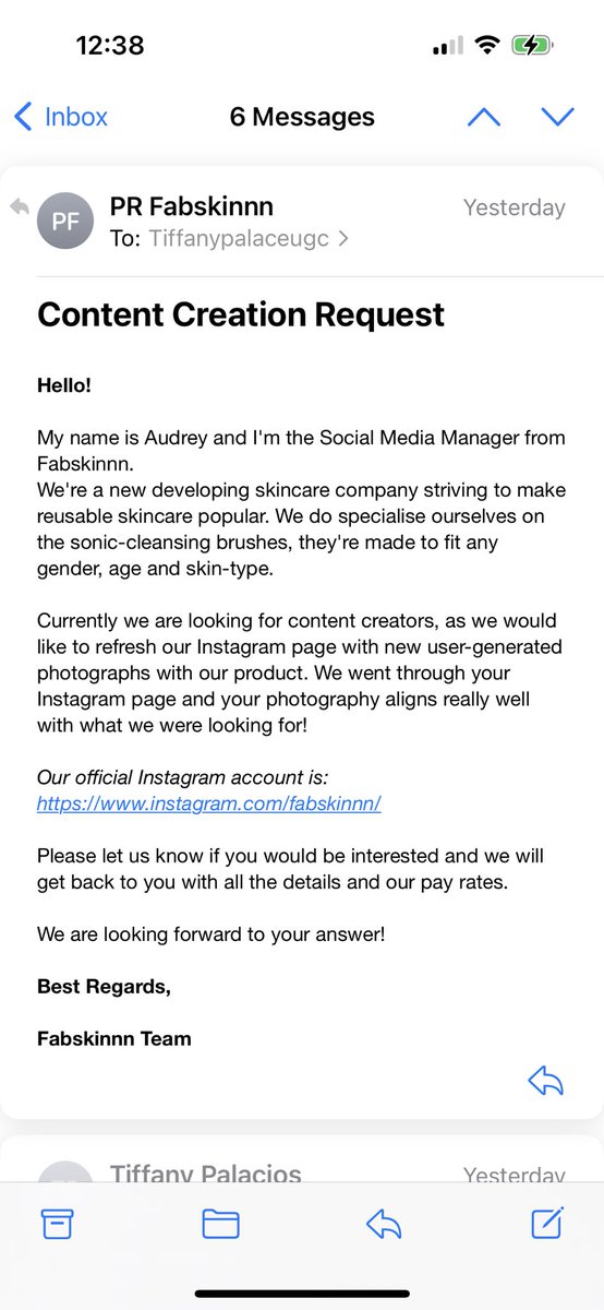 tiffpalaceugc's tweet image. #UGCcreators beware of this Fabskinnn SCAM! They are sending emails to #ugc creators saying they’ll pay 600€ for 3 photos. Almost fell for it cause it looked legit with a Terms link and contract talk! They will ask for you to purchase product upfront! Don’t fall for this!
