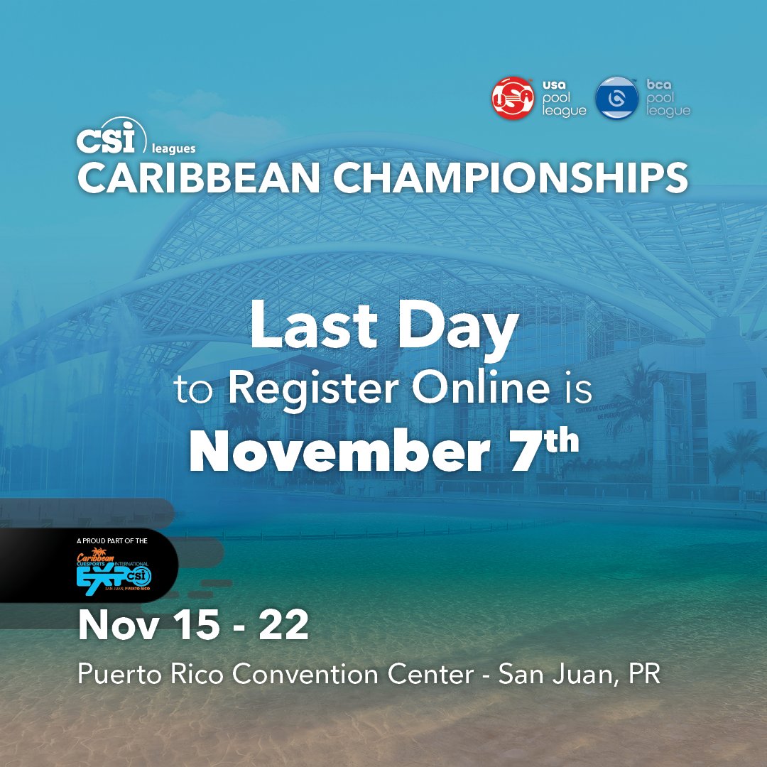 We want to see YOU compete at the 2022 CSI Leagues Caribbean Championships! 🇵🇷 So make sure you register online before Nov. 7th, in order to enter! For registration and info, visit: playcsipool.com/2022-caribbean…