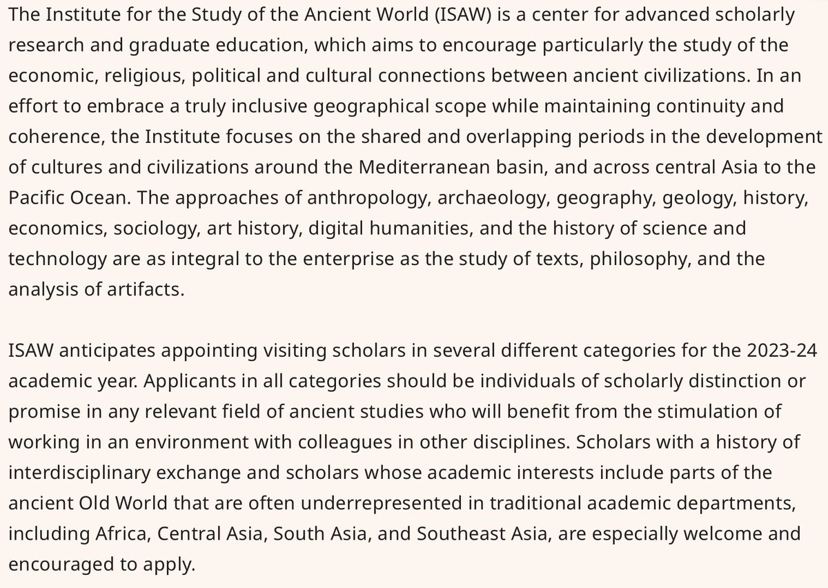 Info for 2022-23 <a href="/isawnyu/">ISAW NYU</a> Visiting Research Scholar program : isaw.nyu.edu/visiting-schol… . Including 2-year visiting faculty positions. "...Africa, Central Asia, South Asia, and Southeast Asia, are especially welcome..." Please(!) retweet. #JOBS