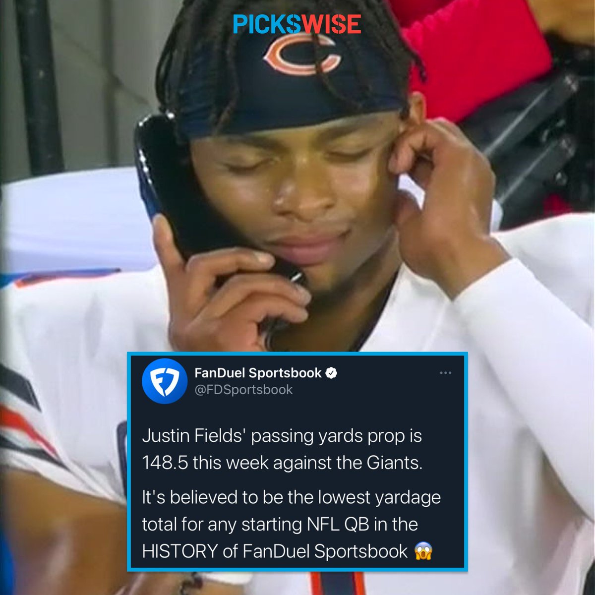 Pickswise's tweet image. Justin Fields making history!

Just not the good kind 😬

(via @FDSportsbook)