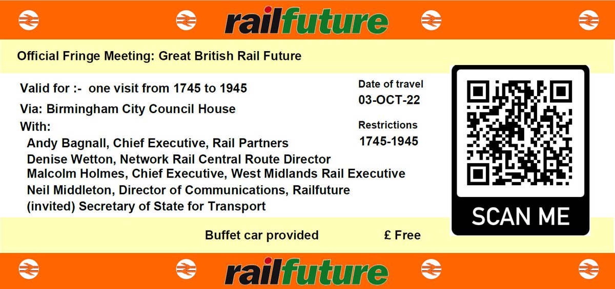 Railfuture's tweet image. Our West Midlands Branch is hosting a Conservative Party Fringe Meeting at 18:00 on Monday 3 October on Great British Railways.  See railfuture.org.uk/West-Midlands-… for the full detail.  If you are not a #cpc2022 delegate, tickets are required (but its free).