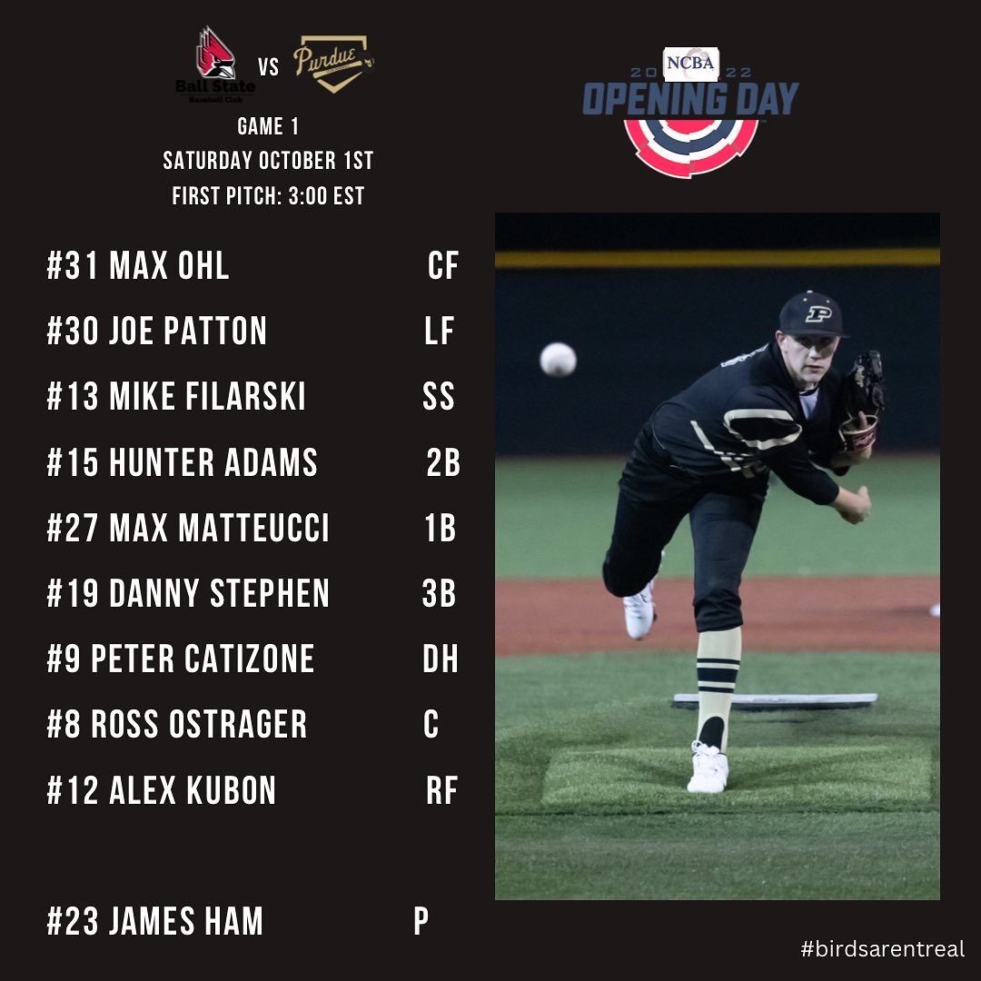 PUBaseballClub's tweet photo. Just about an hour until first pitch here in beautiful Crawfordsville.  Here is the starting 9 for your Boilermakers.  Ham on the bump, baseball incoming! #birdsarentreal https://t.co/nd68ySoq2D