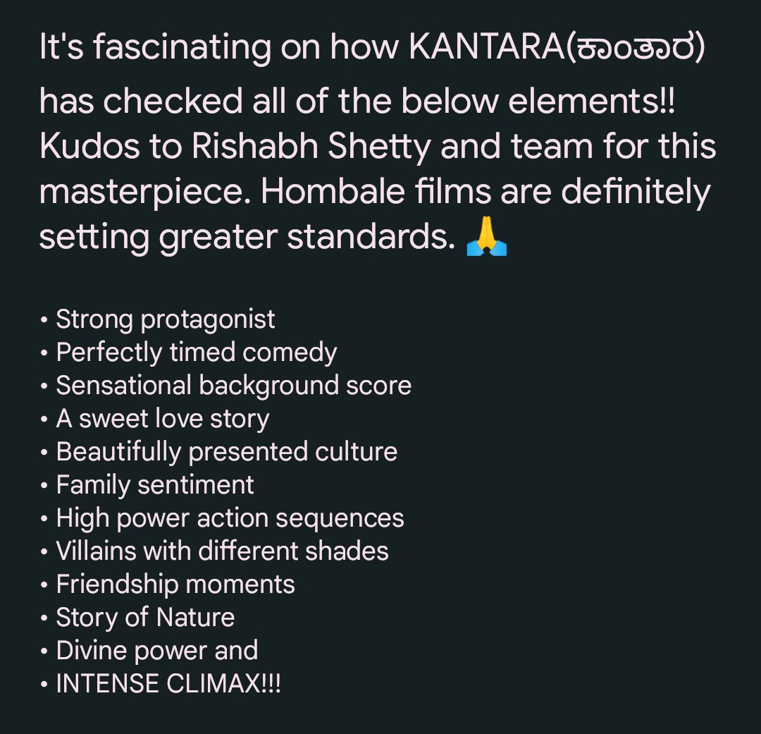 #Kantara Pure Cinematic Experience!! ✨
<a href="/shetty_rishab/">Rishab Shetty</a> <a href="/VKiragandur/">Vijay Kiragandur</a>
<a href="/hombalefilms/">Hombale Films</a> <a href="/HombaleGroup/">Hombale Group</a> <a href="/gowda_sapthami/">Sapthami Gowda</a> <a href="/AJANEESHB/">B AJANEESH LOKNATH</a> <a href="/KantaraFilm/">Kantara - A Legend</a>