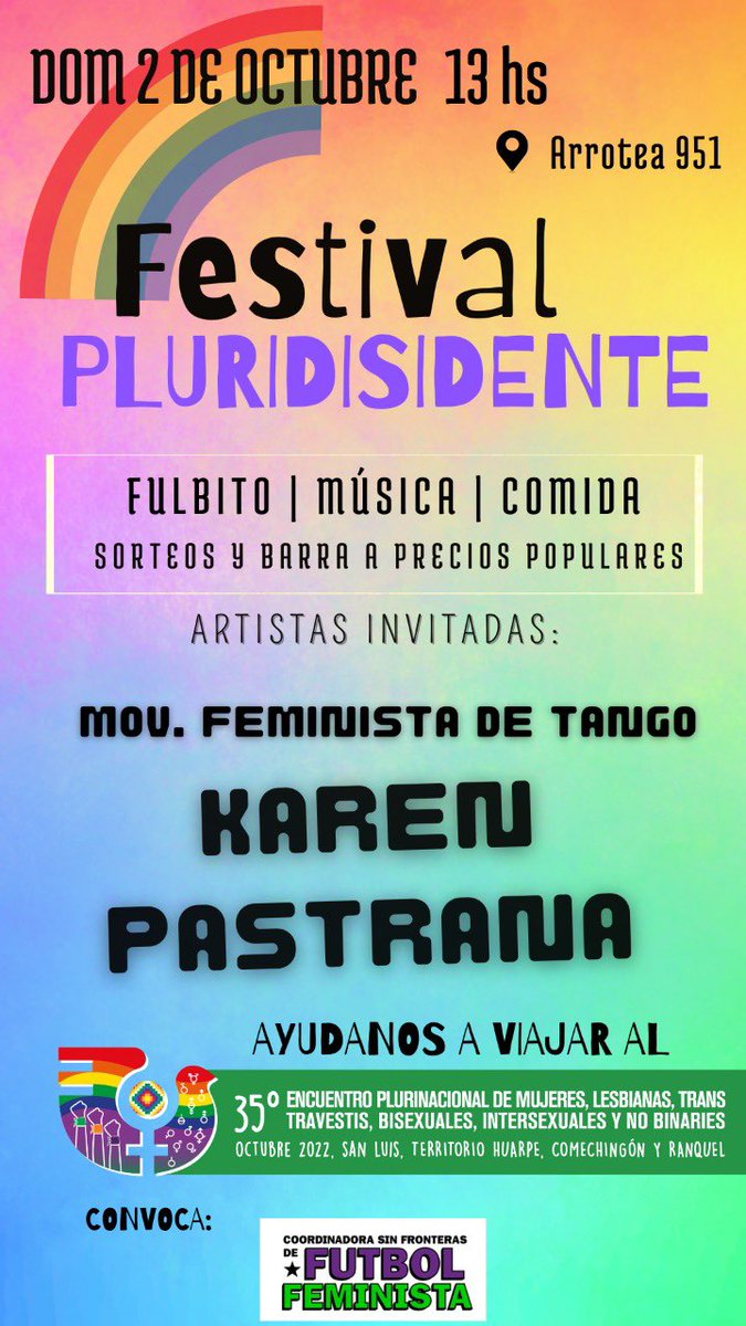 Todxs a San Luis: ¡Mañana hay festival pluridisidente en el Club Flores Sur! ✊🏽

A partir de las 13 hs en Arrotea 951, se rompe ese encuentro con la música y arte de <a href="/karenpastranaHH/">Karen Pastrana</a> y el Movimiento Feminista de Tango. 

🟣 Comida rica + fulbito + pre encuentro. ¡Venite!