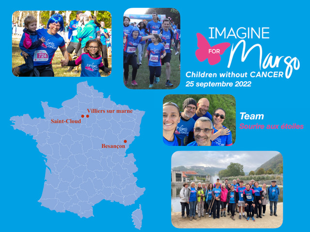 Un grand merci pour votre soutien et vos dons pour la course #enfantsanscancer. Cette année, notre équipe "Sourire aux étoiles" a déployé les couleurs d’<a href="/ImagineforMargo/">Imagine for Margo</a> à 3 endroits en France :  Besançon, St-Cloud et Villiers-sur-Marne. Notre collecte a dépassé les 14000€.