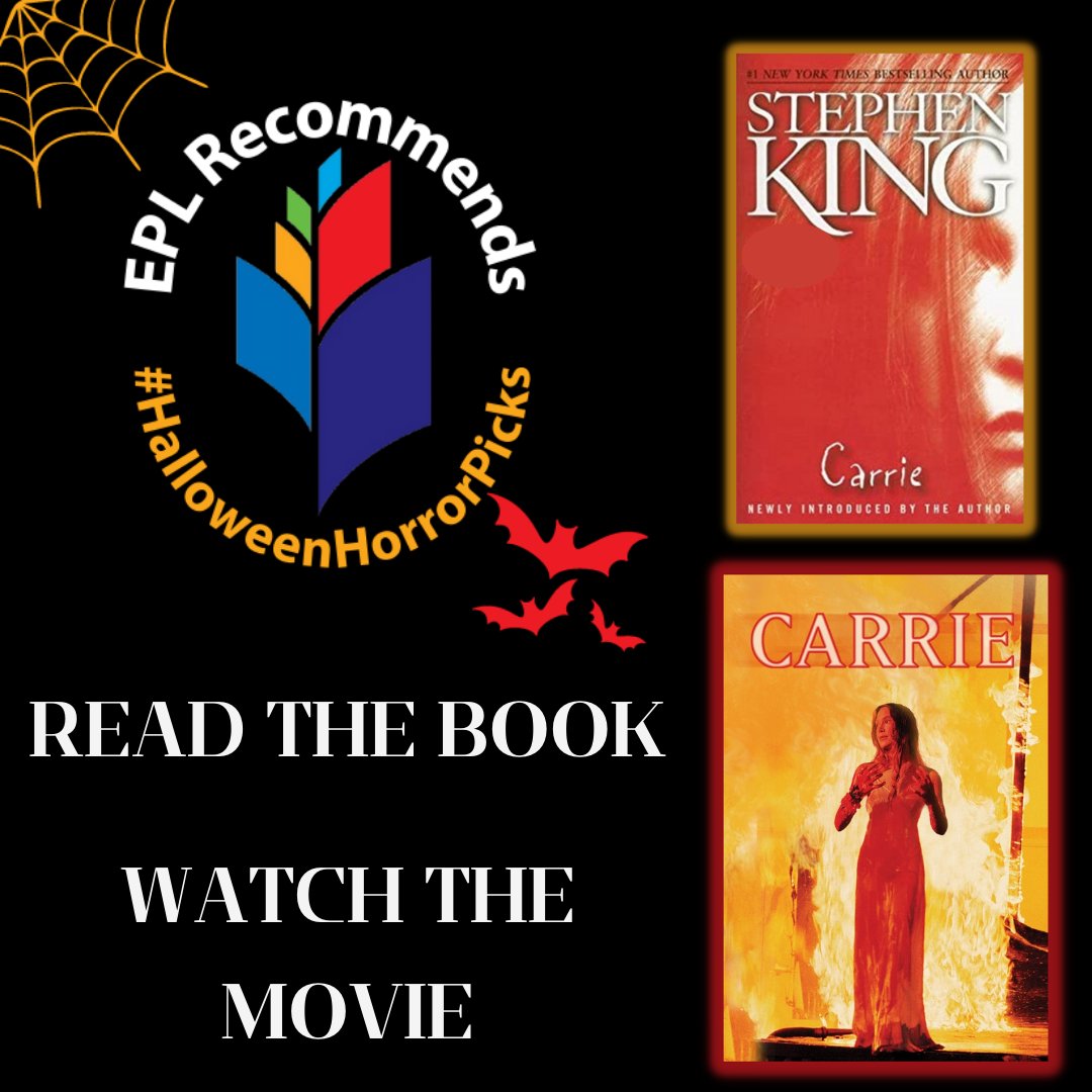 EPL_KS's tweet photo. #ReadTheBooks #WatchTheMovie
Every Saturday this month, we're going to feature scary movies that were based on books! We'll start off with a terrifying classic: Carrie. This is the story of a teenage outcast and the revenge she enacts on her classmates. #EPLRecommends https://t.co/B1VSQQssFi