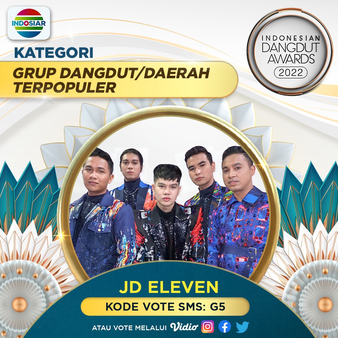Indosiar's tweet photo. Like postingan ini untuk dukung JD Eleven di kategori GRUP DANGDUT/DAERAH TERPOPULER di #IndonesianDangdutAwards2022! Geser untuk cek syarat &amp; ketentuan, ya! 

#IndonesianDangdutAwards2022 #Ida2022 https://t.co/rdcfEq2Fa8