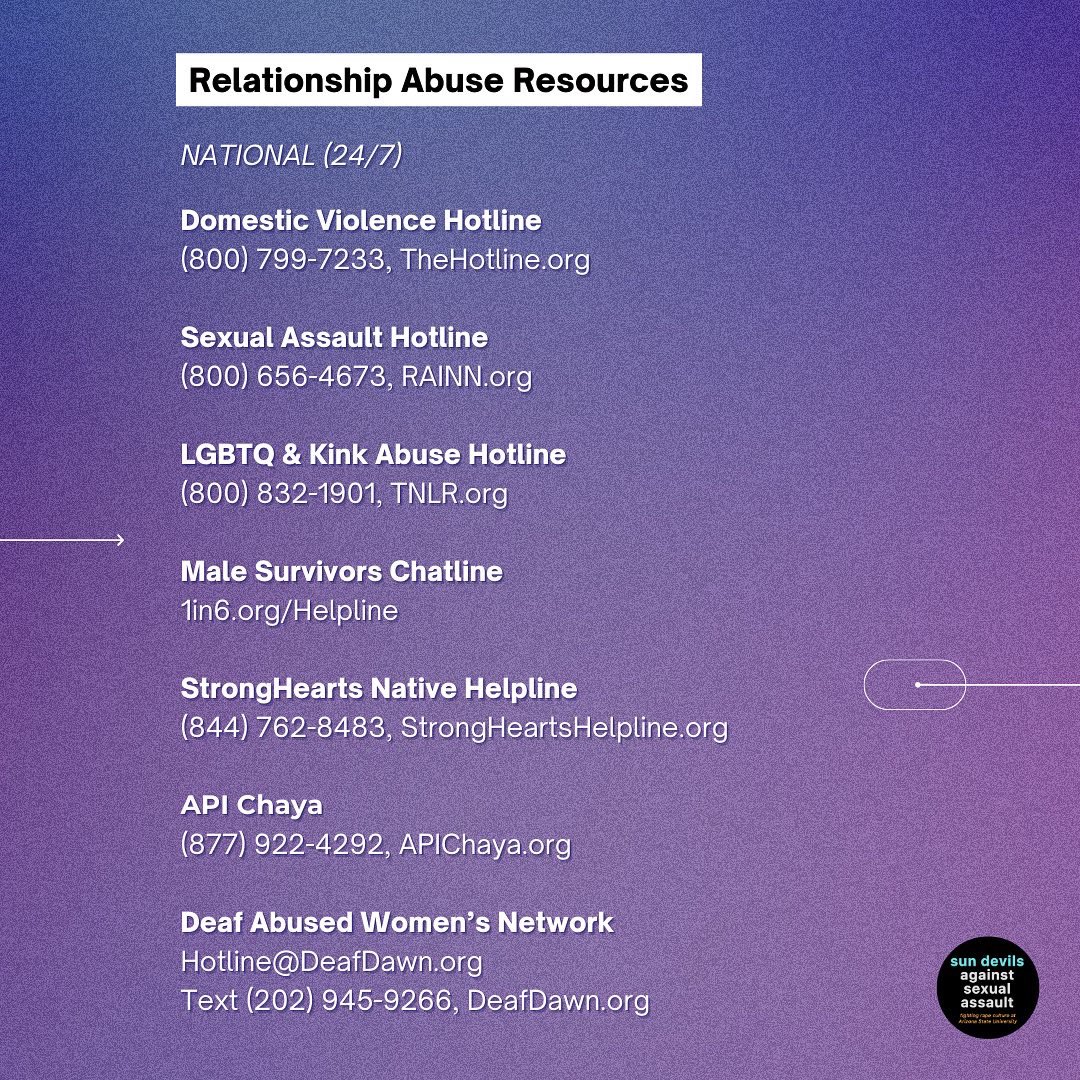 asu_sdasa's tweet photo. Check out our relationship abuse guide, including resources and tips to help friends: https://t.co/kBGB90zZ2g

#DomesticViolenceAwarenessMonth #DVAM2022 #CAARECenterNow https://t.co/YFerztGvz8