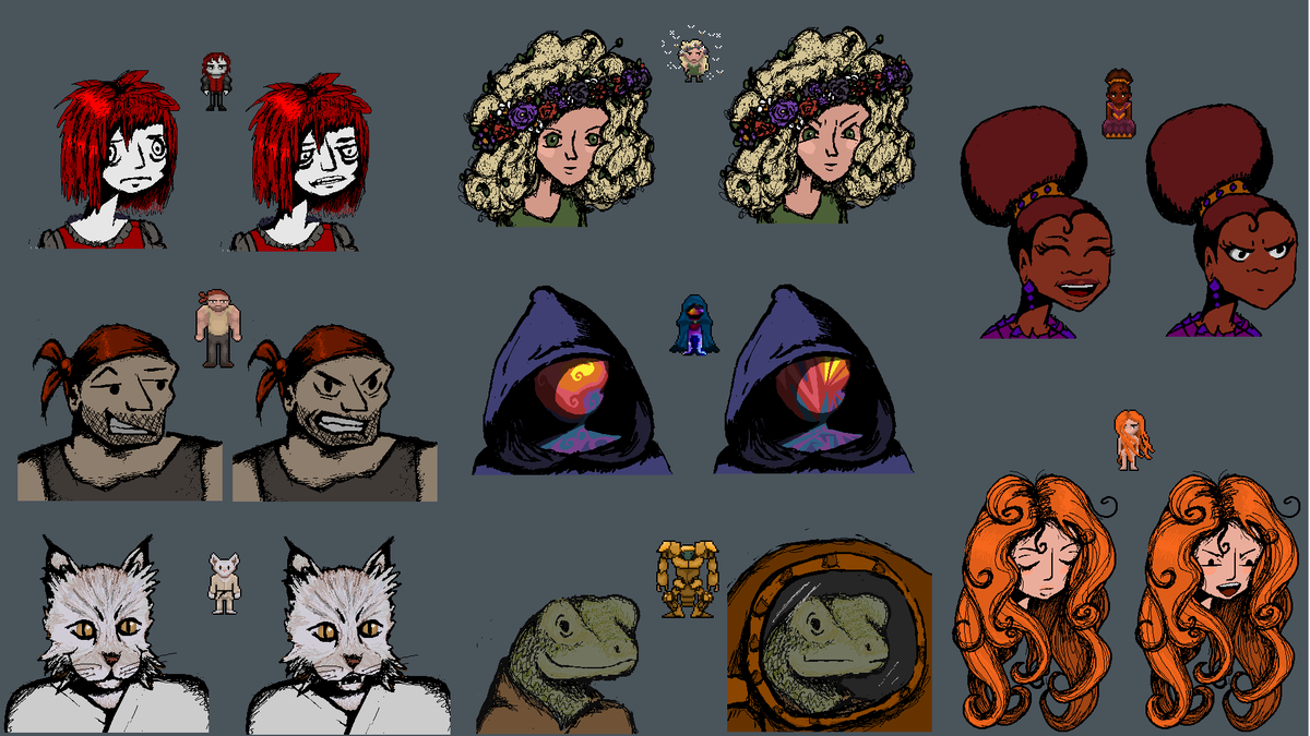 Hard at work on character design and practicing drawing faces to match the sprites. 

#pixelart #solodev #IndieGameDev #RPG