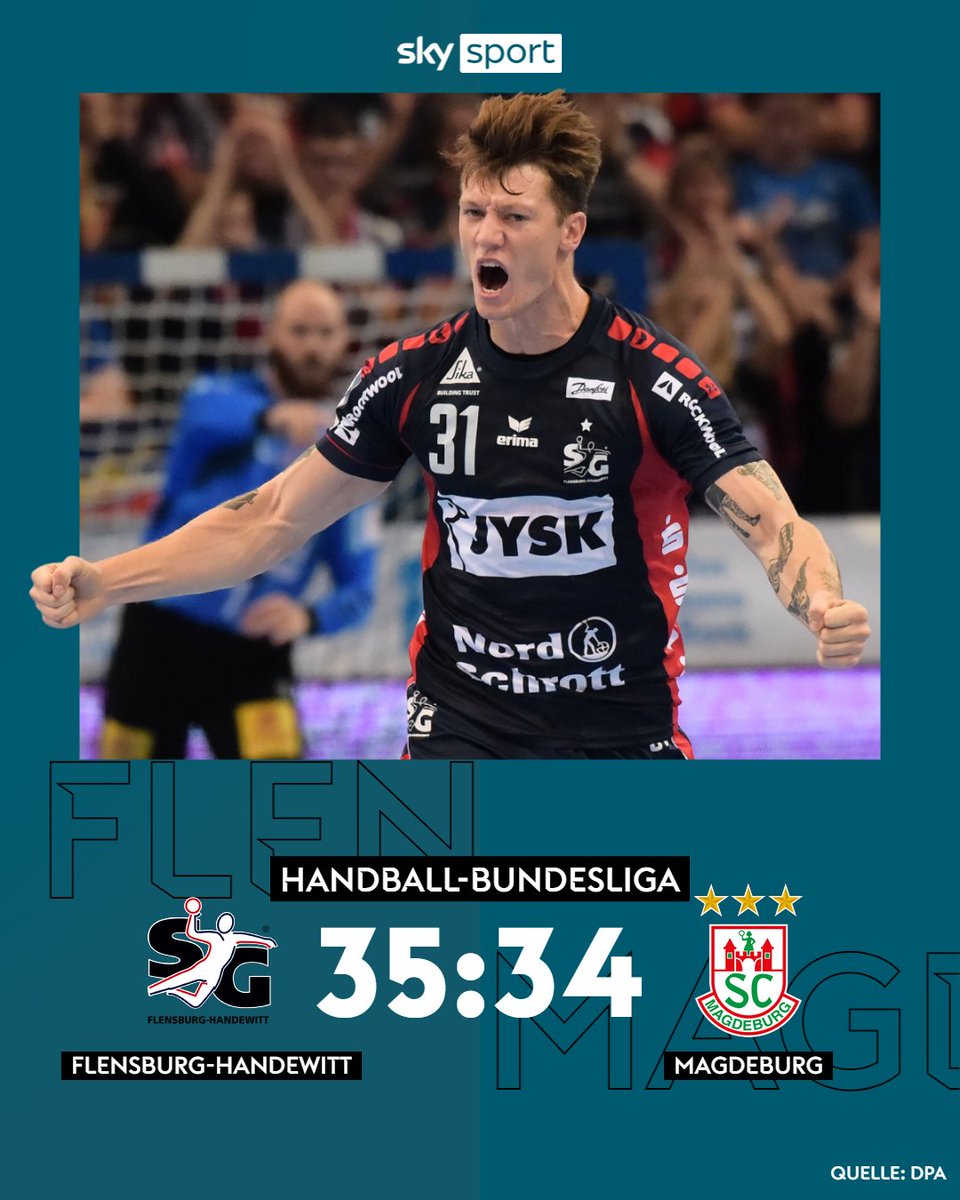 SkySportDE's tweet photo. Was für ein Spiel! Im Spitzenduell schlägt der SG Flensburg-Handewitt den SC Magdeburg ganz knapp mit 35:34. 🔥

#SkyHandball #FlensburgHandewitt #Magdeburg https://t.co/ysKlCQz4iM