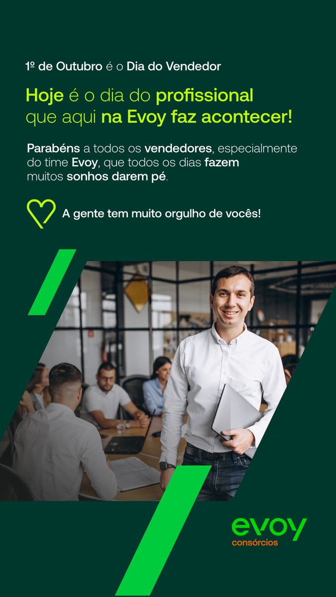 EvoyConsorcios's tweet photo. Hoje é o dia do profissional que aqui na Evoy faz acontecer!
Parabéns a todos os vendedores, especialmente do time Evoy, que todos os dias fazem muitos sonhos darem pé. A gente tem muito orgulho de vocês.
#diadovendedor #vendedor #vendas #vendedora #vendedores #vender #evoy https://t.co/JNrC2WI0tv