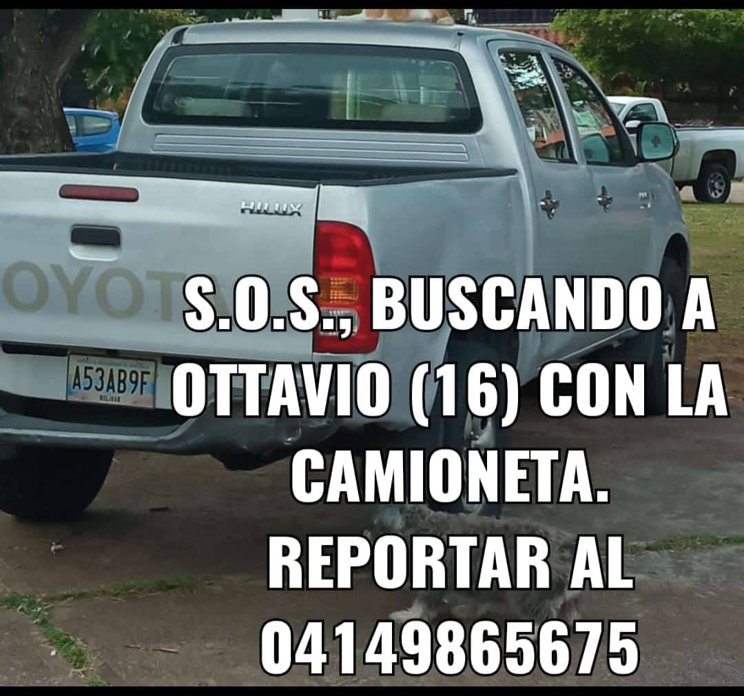 FundaLucelia's tweet photo. ⚠️#CiudadGuayana #1Oct ⚠️Ottavio Rivas Zambrano (16 años) AUTISTA, se encuentra desaparecido desde la madrugada de hoy 1ero de octubre.

Se presume que tomó sin permiso el carro de su abuelo, una Toyota Hilux color plateada placa A53AB9F.

Si lo ve informar al (0412)085.22.70 https://t.co/xMkkrtwSLy