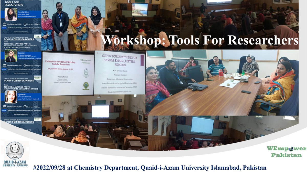 tabassum_87's tweet photo. WEmpower Pakistan team conducted a workshop on "Tools for Researchers" at the Chemistry Department of Quaid-i-Azam University, Islamabad. #20220928
#WEmpower #womeninstem ,#womeninscience #womeninindustry, #stemeducation #QAU #womenentrepreneurs #Toolsforresearchers https://t.co/9KGshkaNcy