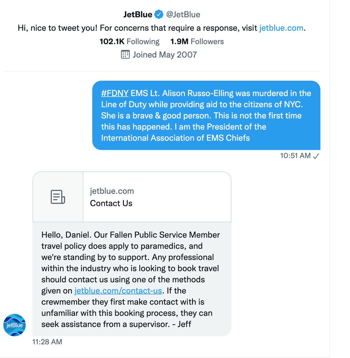 DanielRGerard's tweet photo. This was the reply I received from #JetBlue @jemsconnect @EMSWorldOFCL Contact JetBlue here:  https://t.co/OqZAhuiMD5 https://t.co/5ZkzPV1EFf