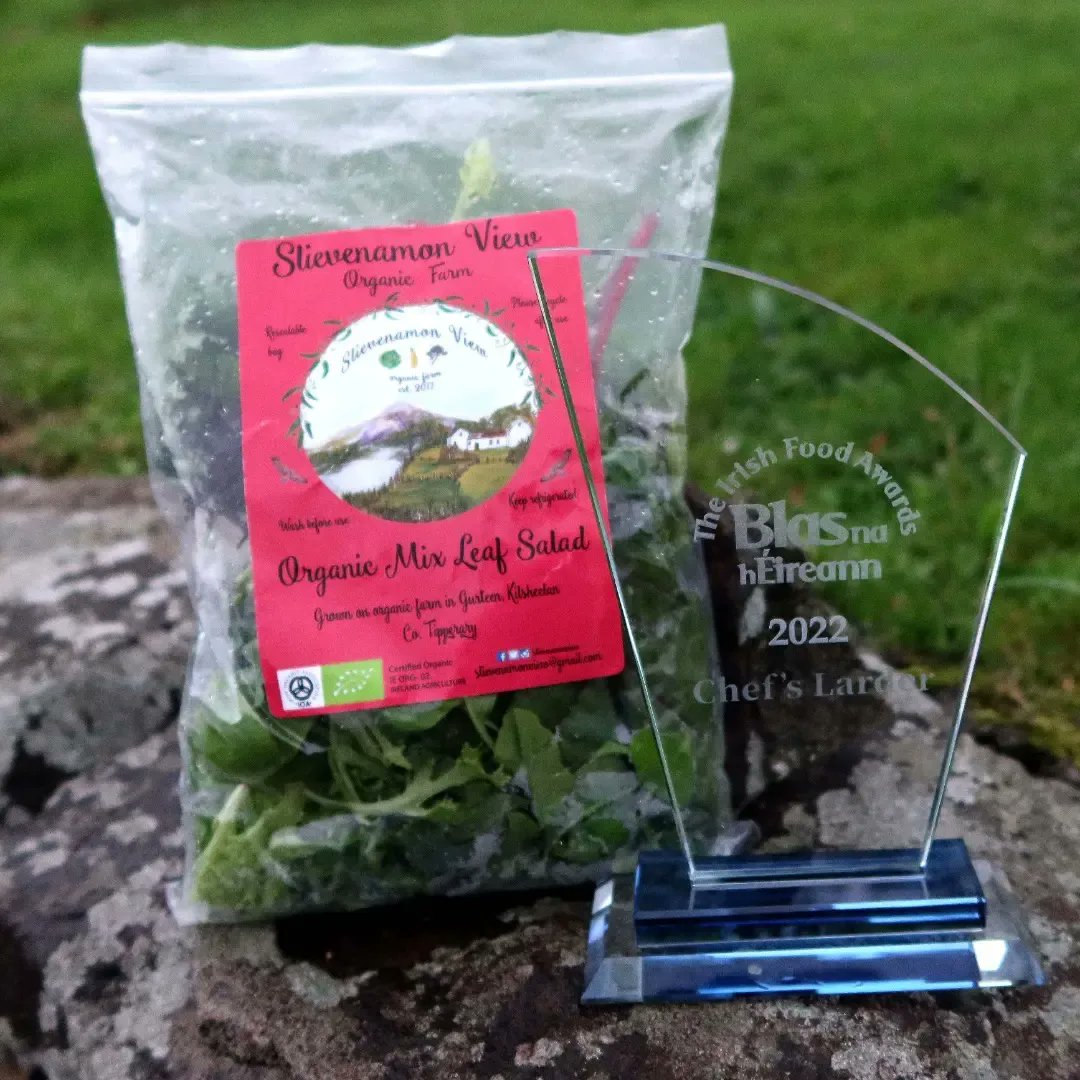 SlievenamonView's tweet photo. We are excited to share the news with you! Our Organic Mix Leaf won the Chef's Larder @blasnaheireann 2022 award. Congratulations to all local producers who also won!
#organicallygrown 
#organicfarm 
#organictipperary 
#tipperaryproduce 
#Tipperary 
#waterford @SuperValuIRL https://t.co/3FGLUUQdXu