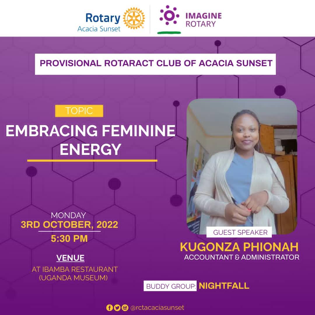 RotaractAcacia's tweet photo. Hosting our own @KugonzaPhionah on #EmbracingFeminineEnergy this Monday.
Join in we enjoy fellowship
@RotaractAcacia
@RotaryAcaciasu1
#TimeToJoinRotaract https://t.co/LBzNNsqEcn