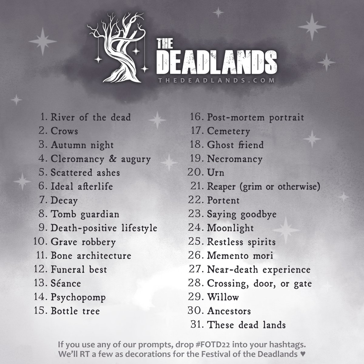 thedeadlands's tweet photo. Art friends (and not-art friends), we call upon you to help us decorate the halls of social media to celebrate The Festival of the Deadlands, where we ponder the mysteries of life &amp; death (and also 100 pounds of candy corn). Welcome to the Festival! #FOTD22 https://t.co/AhL0yJttUc