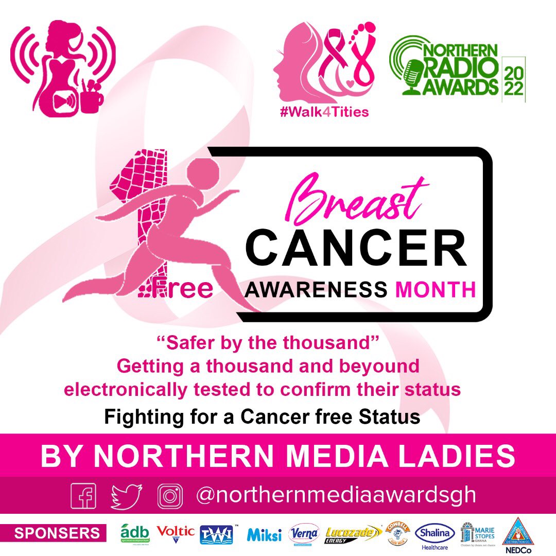 NRawardsgh's tweet photo. Welcome October , the breast cancer awareness month. 
Northern radio awards partners with northern media ladies , to creat awareness by walking in the principals streets of each Region in Northern Ghana. 
We shall as well provide free screening for interested persons. https://t.co/R1Ge2ZqFQy