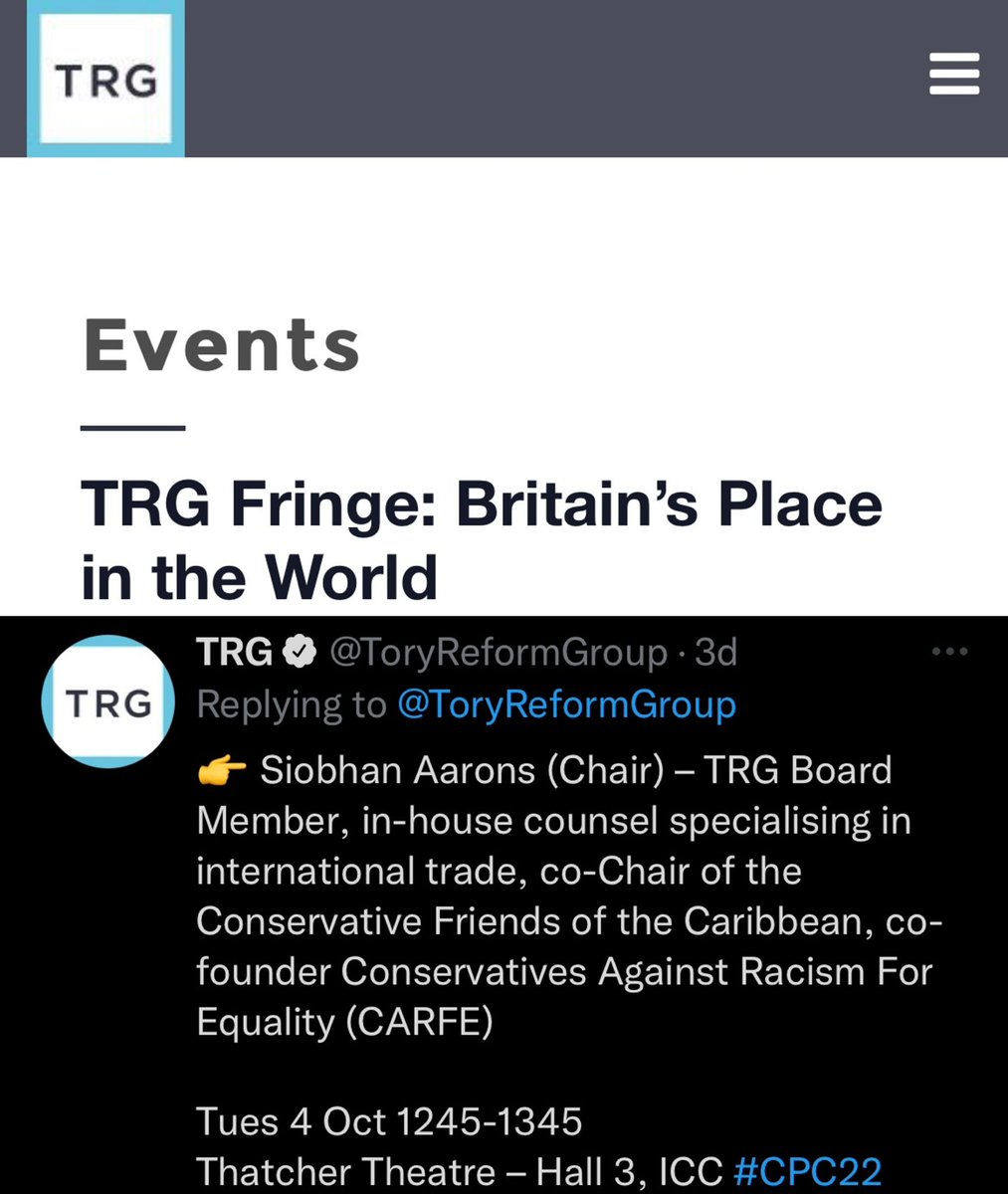 Looking forward to charing two great fringes <a href="/Conservatives/">Conservatives</a> #CPC22
Mon: “What Next for Race?”<a href="/Tories4Equality/">Conservatives Against Racism For Equality - CARFE</a> <a href="/britishfuture/">British Future</a> <a href="/BlackEquityOrg/">BlackEquityOrg</a> <a href="/KPMG/">KPMG</a>
Tues: “Britain’s Place in the World” <a href="/ToryReformGroup/">TRG</a> <a href="/aliciakearns/">Alicia Kearns MP</a> <a href="/MickMulvaney/">Mick Mulvaney</a> <a href="/ericollerenshaw/">eric ollerenshaw</a> <a href="/garethrwallace/">Gareth Wallace</a> 
<a href="/cwo/">ann</a> #cwoatconf