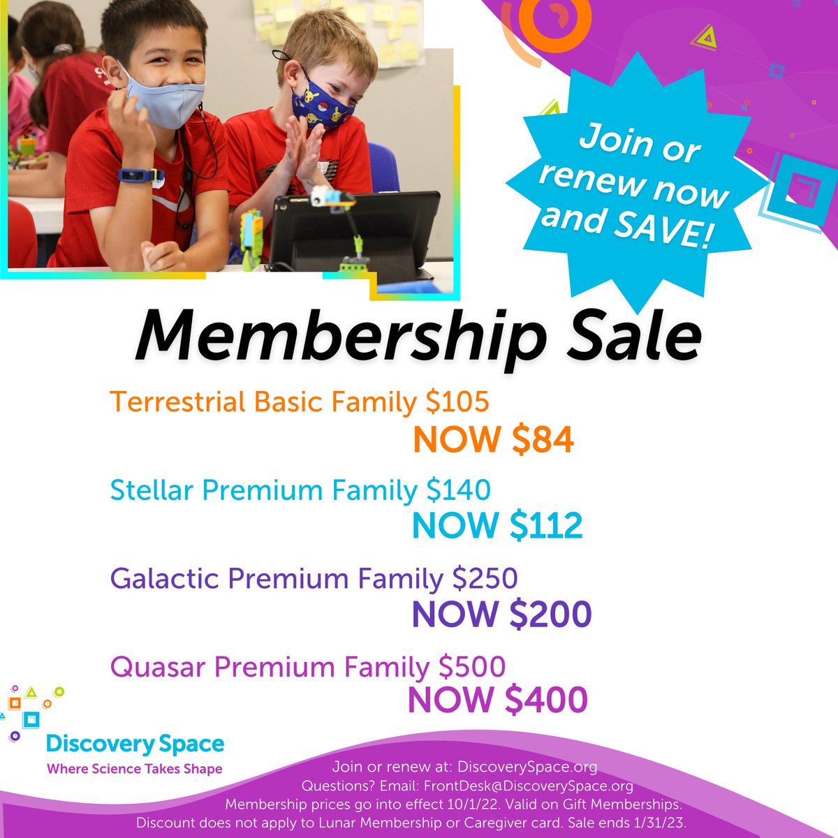 discoveryspace's tweet photo. 🎉 Membership Sale Starts TODAY!! 🎉

Membership prices are increasing...but you can still SAVE! Take advantage of our membership sale and save $$$! 
Sale runs 10/1/22-1/31/23

Join or renew at https://t.co/Yx75qSJ7wN 
#scienceisfun #statecollegepa #happyvalley #stemlearning https://t.co/HGmvvkqmPV