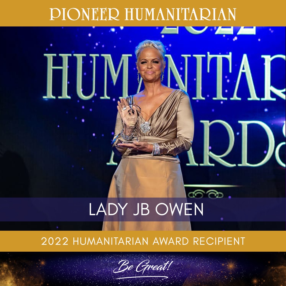 begreatnetwork's tweet photo. Congratulations to Lady JB Owen (Founder of Ignite Humanity) for receiving our Pioneer Award at our 2022 Be Great! Humanitarian Awards on 9/9/22. 🤩

Lady JB Owen is a highly successful female entrepreneur, 22-time international bestselling author, founder, CEO, and philanthr... https://t.co/GwPLXBQgm6