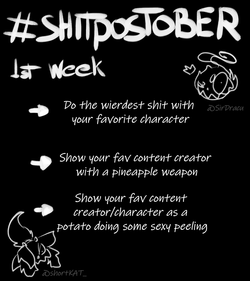 shortKAT_'s tweet photo. ๐Our favorite month is finally here!๐ป
@Sir_Dracu and me decided to challenge you all to join #shitpostober !!!
We prepared some prompts and simple rules to follow and we will review your posts on our streams!!
๐๐ป๐ชฆ๐๐ป๐ https://t.co/vffPXWnlRV