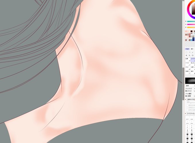 たまには顔だけではなくて他部分の進捗とその時のコメントなど 配信ぐらいでしか見せない途中の画像ですが
肌はほんといつまでも描いてられます
先人の描き方や骨格を学んでエアブラシを最初にアタリでおいてから削っていくという感じでやってます
もうちょっと描き足して次へ 今日はここまで 