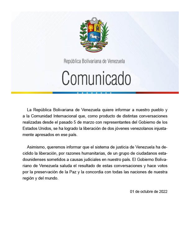 luchaalmada's tweet photo. #Urgente Gobierno Bolivariano informa sobre la liberación de dos venezolanos injustamente apresados en EEUU. Asimismo informa sobre la liberación por razones humanitarias de ciudadanos estadounidenses. https://t.co/ztN7atnOv0