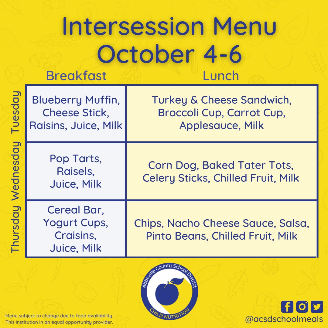 acsdschoolmeals's tweet image. It’s time for school meals! ⏰
*Menus are subject to change due to supply chain issues. Please see our complete menu on our website: schoolnutritionandfitness.com/index.php?sid=… 

@AbbevilleCo #ACSDBetterTogether @dixie_high @AHSPantherFB @AHSPanthersSC #octobermenu #ACSD