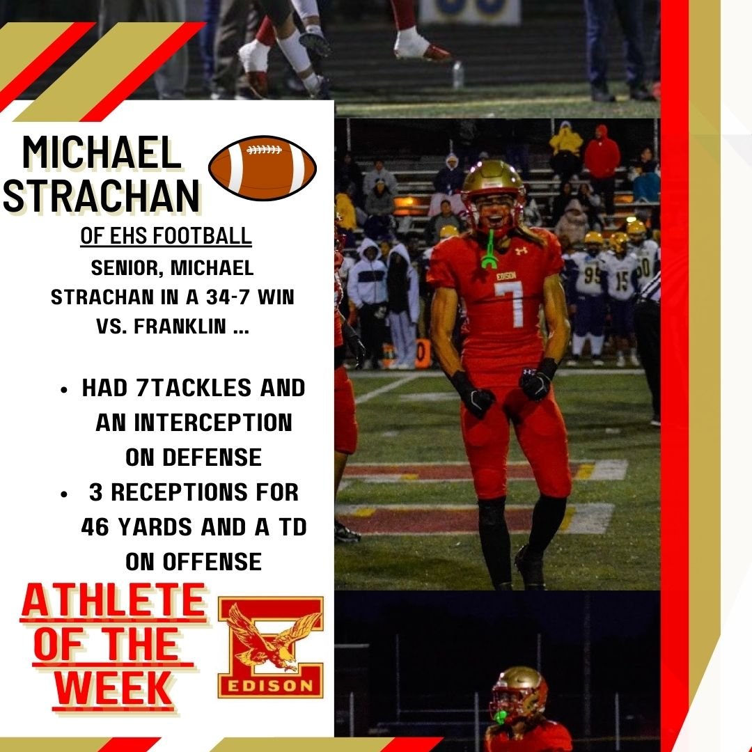 Mr/Coach B (@mrbreining) on Twitter photo FALL ATHLETE OF THE WEEK: <a href="/MikeStrachan6/">Michael Strachan</a> of <a href="/ehsgridiron/">Edison HS Football</a>
VS. FRANKLIN:
-7 tackles and an interception on defense
-3 receptions for 46 yards and a TD ON OFFENSE
VS. NEW BRUNSWICK:
28 yard touchdown reception and 5 tackles. FALL ATHLETE OF THE WEEK: <a href="/MikeStrachan6/">Michael Strachan</a> of <a href="/ehsgridiron/">Edison HS Football</a>
VS. FRANKLIN:
-7 tackles and an interception on defense
-3 receptions for 46 yards and a TD ON OFFENSE
VS. NEW BRUNSWICK:
28 yard touchdown reception and 5 tackles.